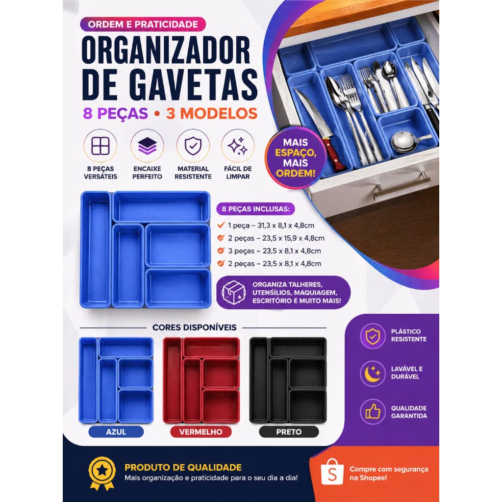 Kit Organizador de Gavetas 4 Peças – Modular, Prático e Multiuso (Cozinha, Maquiagem e Mais)