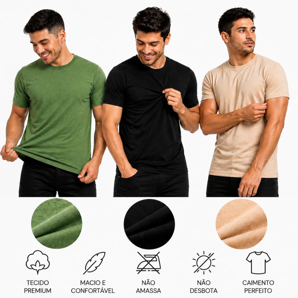 Kit de 3 Camisetas Masculinas de Malha Peruana Linha Premium