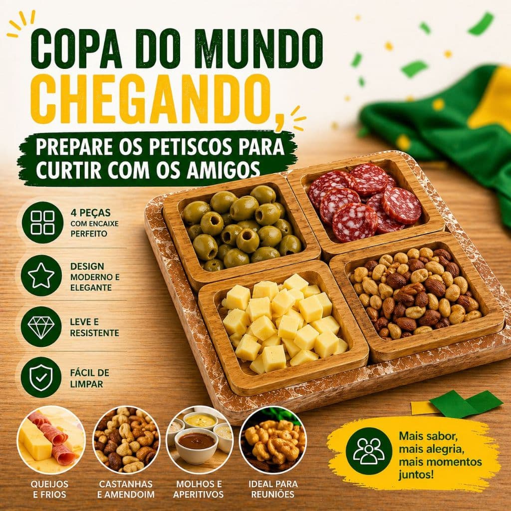 Petisqueira Madeira 4 Divisórias com Base – Porta Petiscos Queijos Aperitivos Elegante