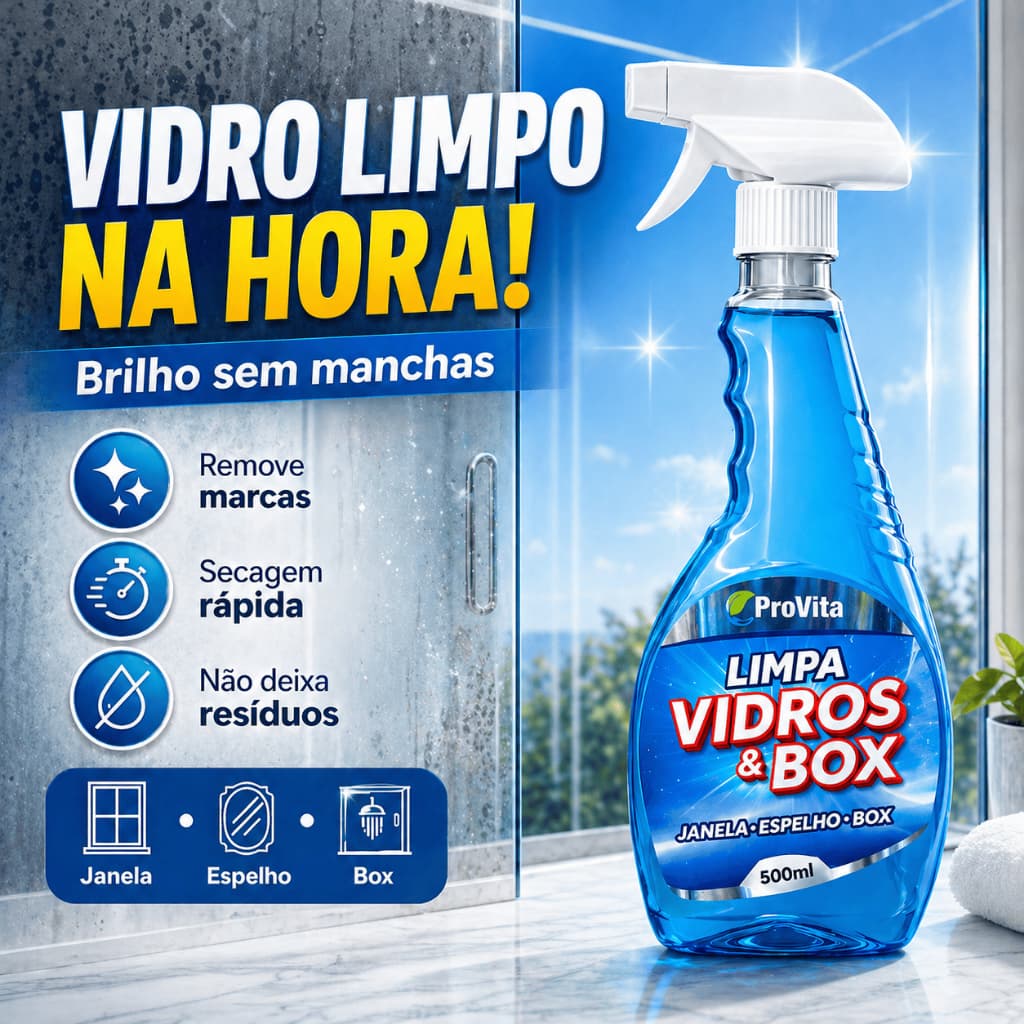Limpa Vidros Box Espelhos ProVita 500ml Remove Manchas Secagem Rápida Brilho Intenso