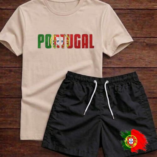 Kit Camiseta Masculina e Short Tactel Portugal CR7 Conjunto Mauricinho Estampado Praia Casual Premium Promoção