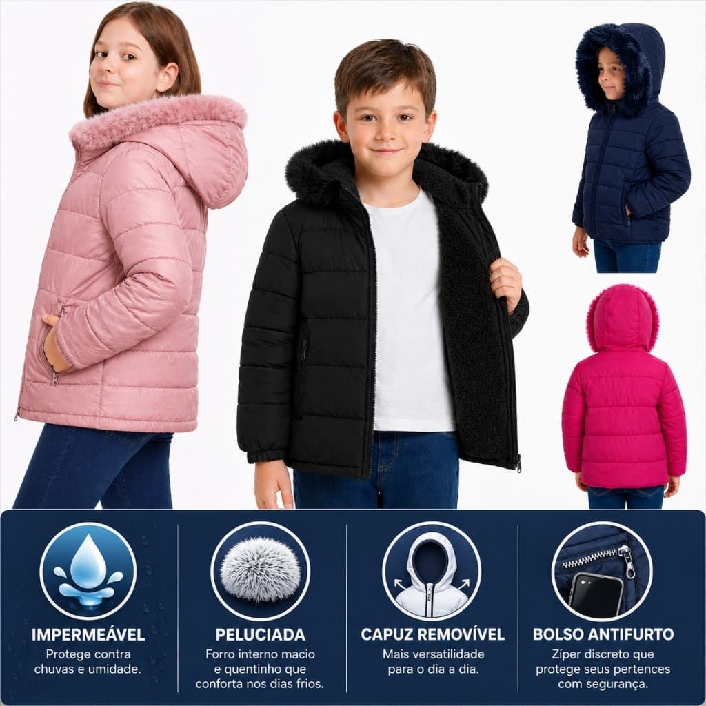 Jaqueta Puffer Infantil Forrada Impermeável Pelucia Capuz Removivel Blusa de Frio 6 a 16 Bobojaco