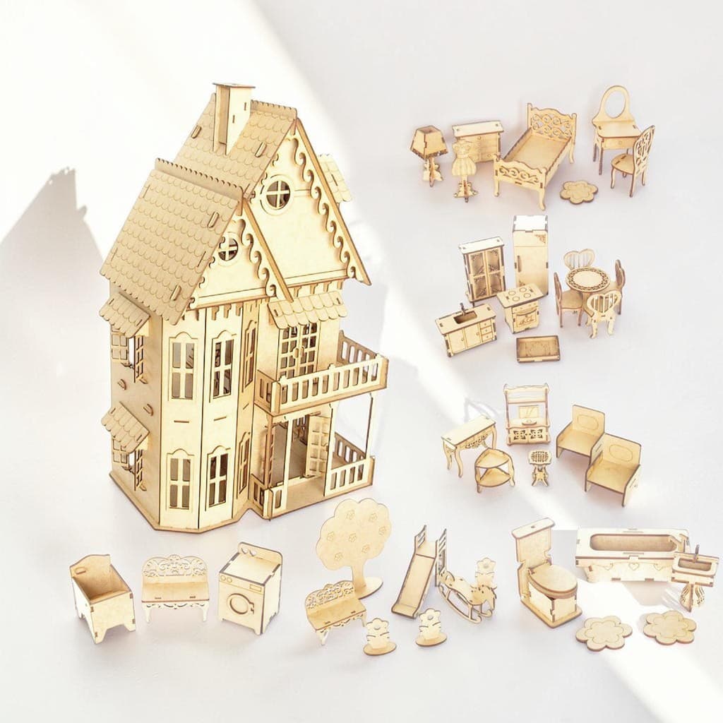 Casinha Boneca miniaturas mdf Cru Corte Laser com 40 mini móveis brinquedos infantis castelo