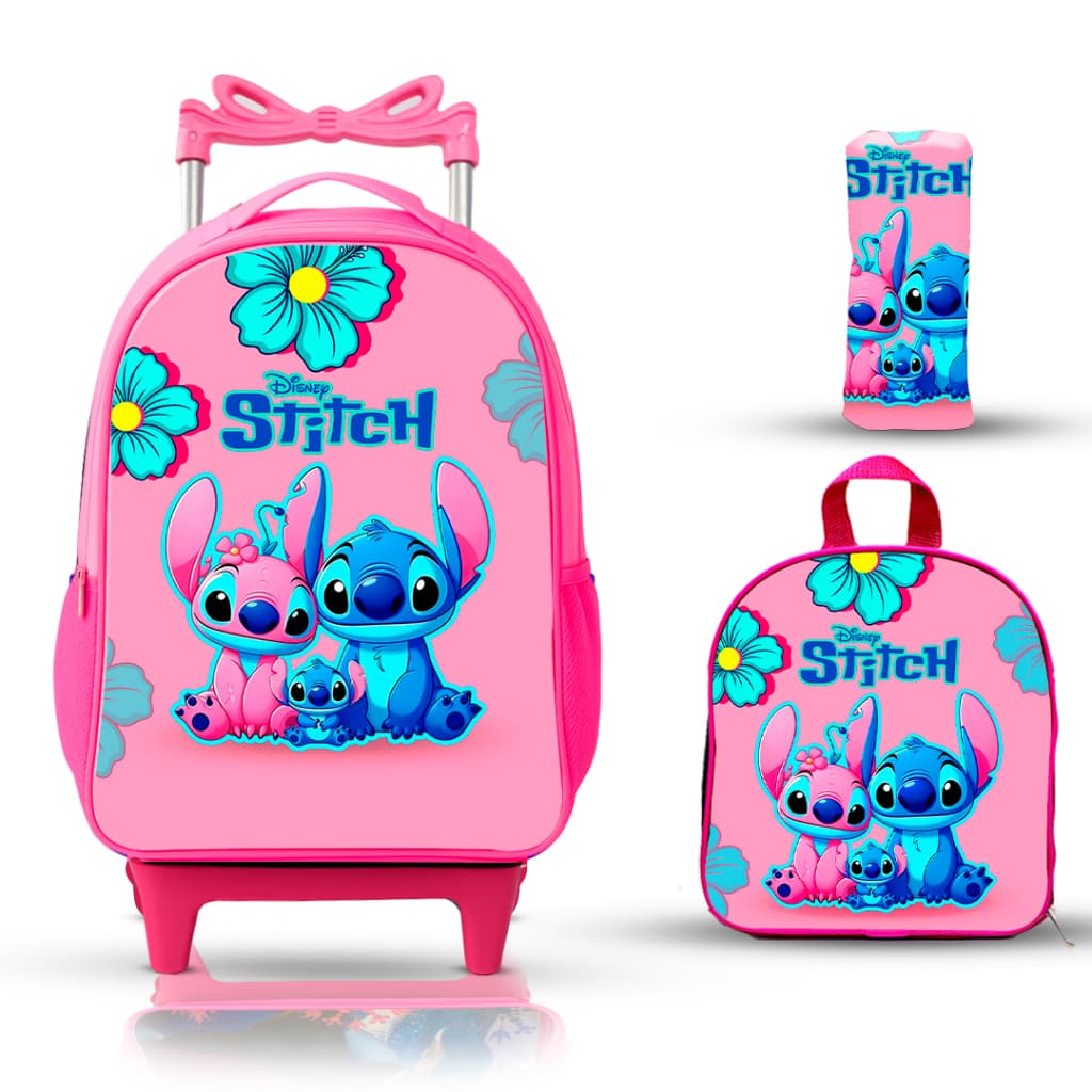 kit mochila escolar infantil lancheira e estojo stitch com rodinhas