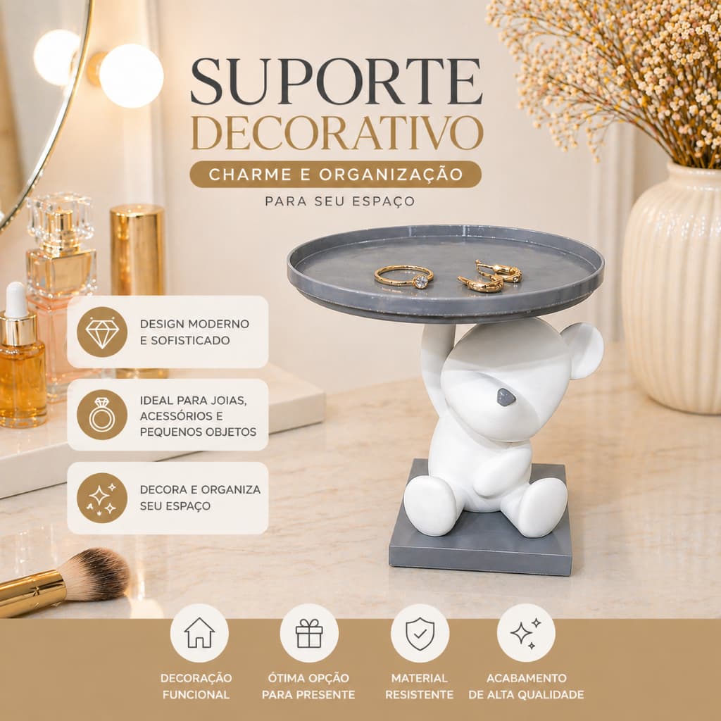 Suporte Decorativo Urso com Bandeja Porta Joias Chaves Alexa Organizador Mesa Banheiro Quarto