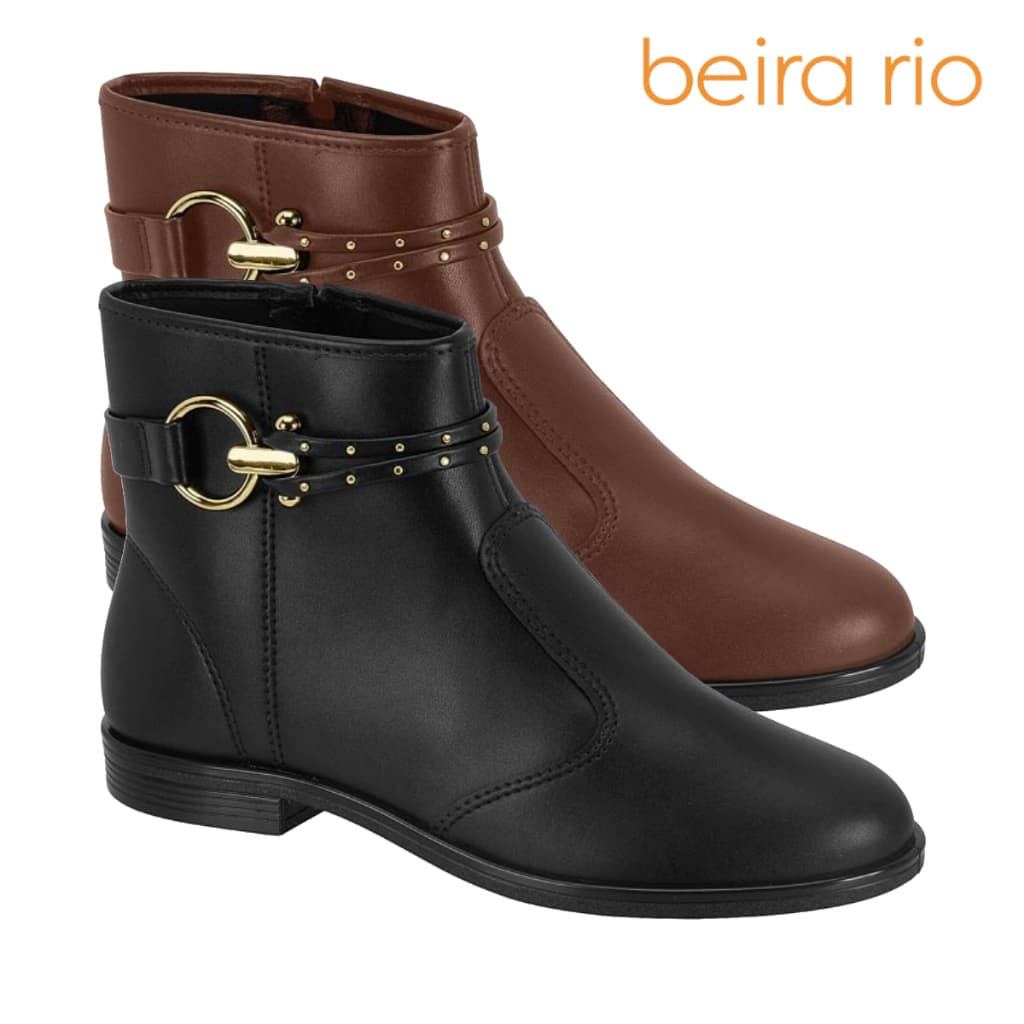 Bota Feminina Beira Rio Casual Salto Grosso Baixo Cano Curto Fivela Dourado Confortável Original