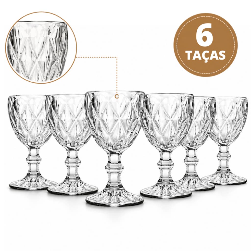 Jogo 6 Taças de Vidro 330ml Diamond Luxo Transparente Incolor para Bebidas