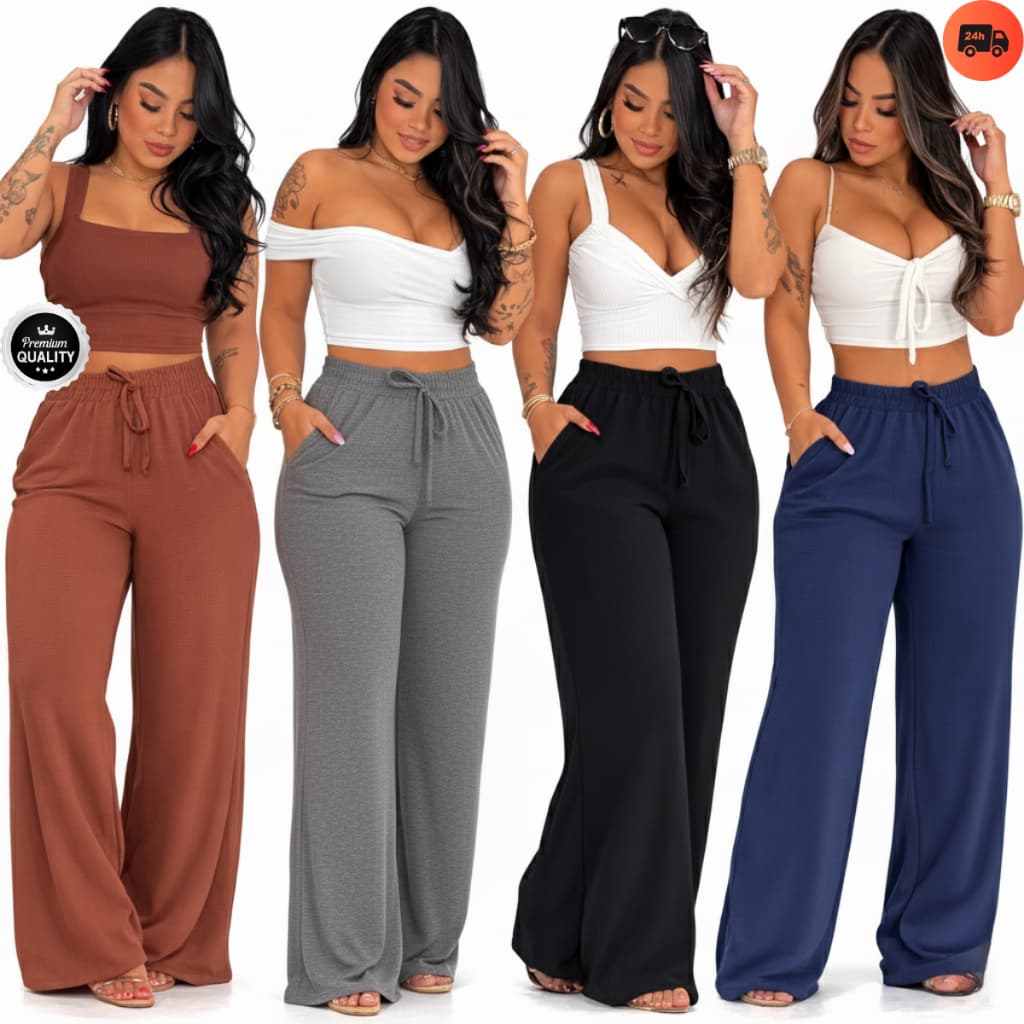 Calça Pantalona FORRADA DUNA Feminina Cintura Alta Tecido Fresco Com Bolso