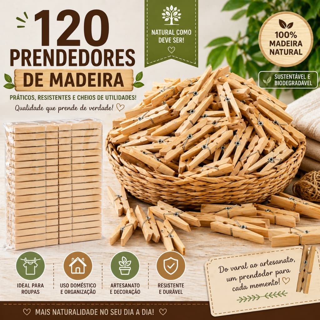 Prendedor de Roupa de Madeira KIT 120 Prendedores de Madeira Super Reforçados ENVIO FULL