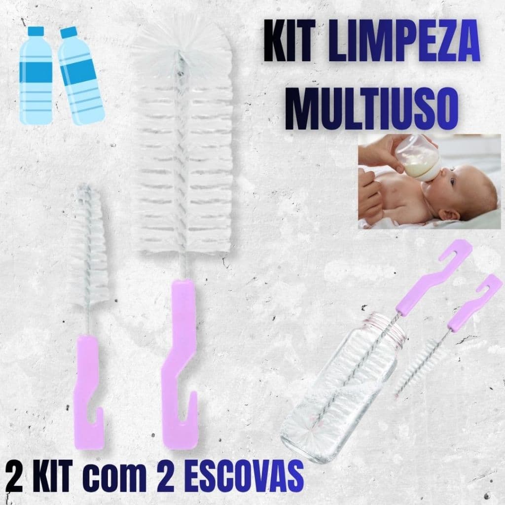 2 Kits Escova Limpeza Multiuso Nylon Para Garrafas Mamadeiras e Utensílios