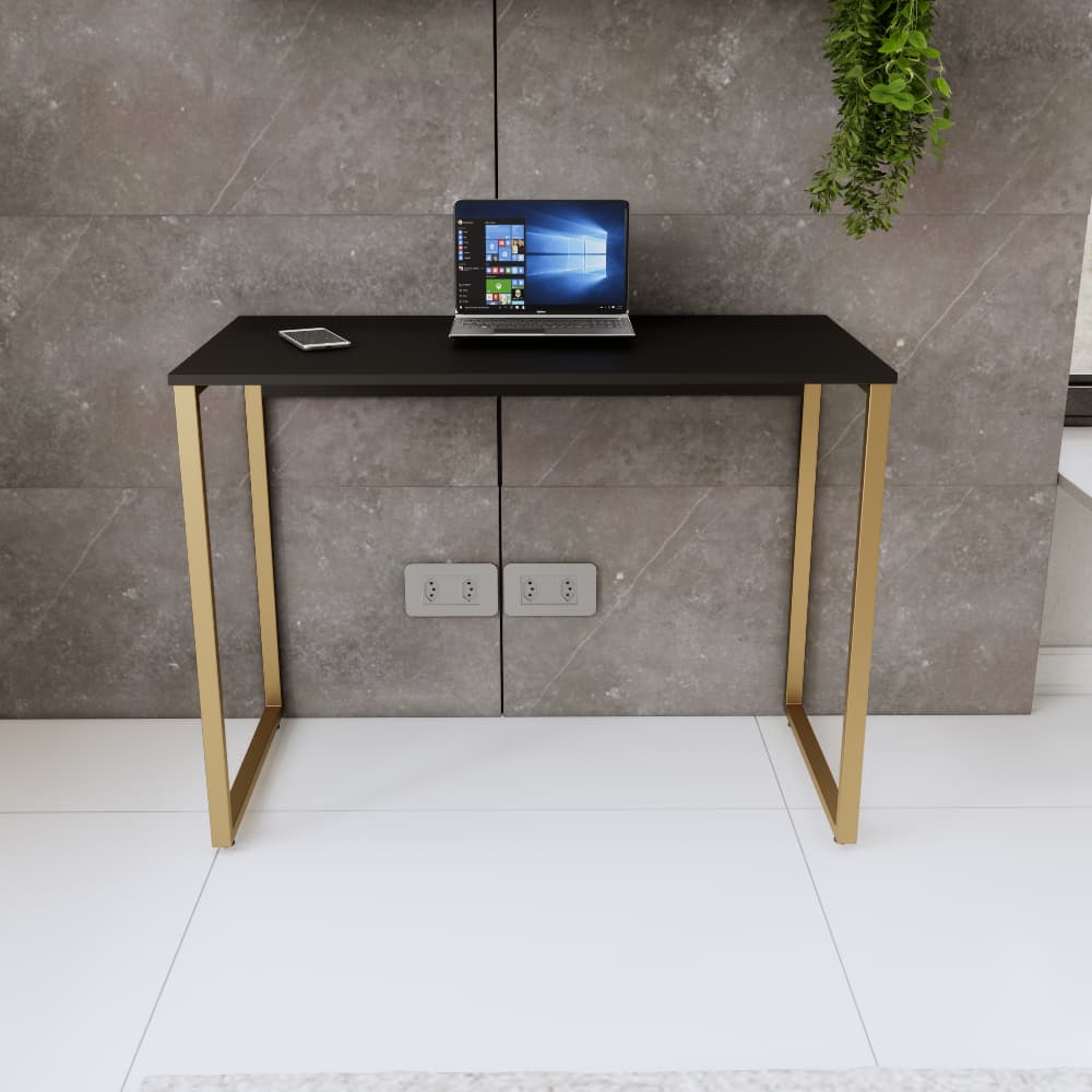 Mesa Escrivaninha Escritório 100 cm Home Industrial Metal Dourado Escrivaninha Quarto MDF Preto