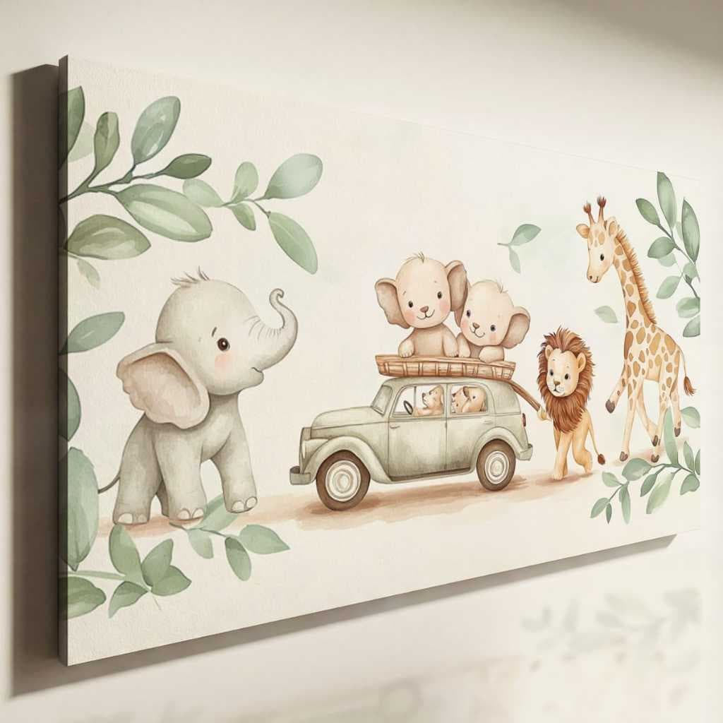 Quadro Decorativo Infantil Safari Animais Bebê Elefante Leão Girafa Carro mdf Quarto Criança Decoração Alta Definição