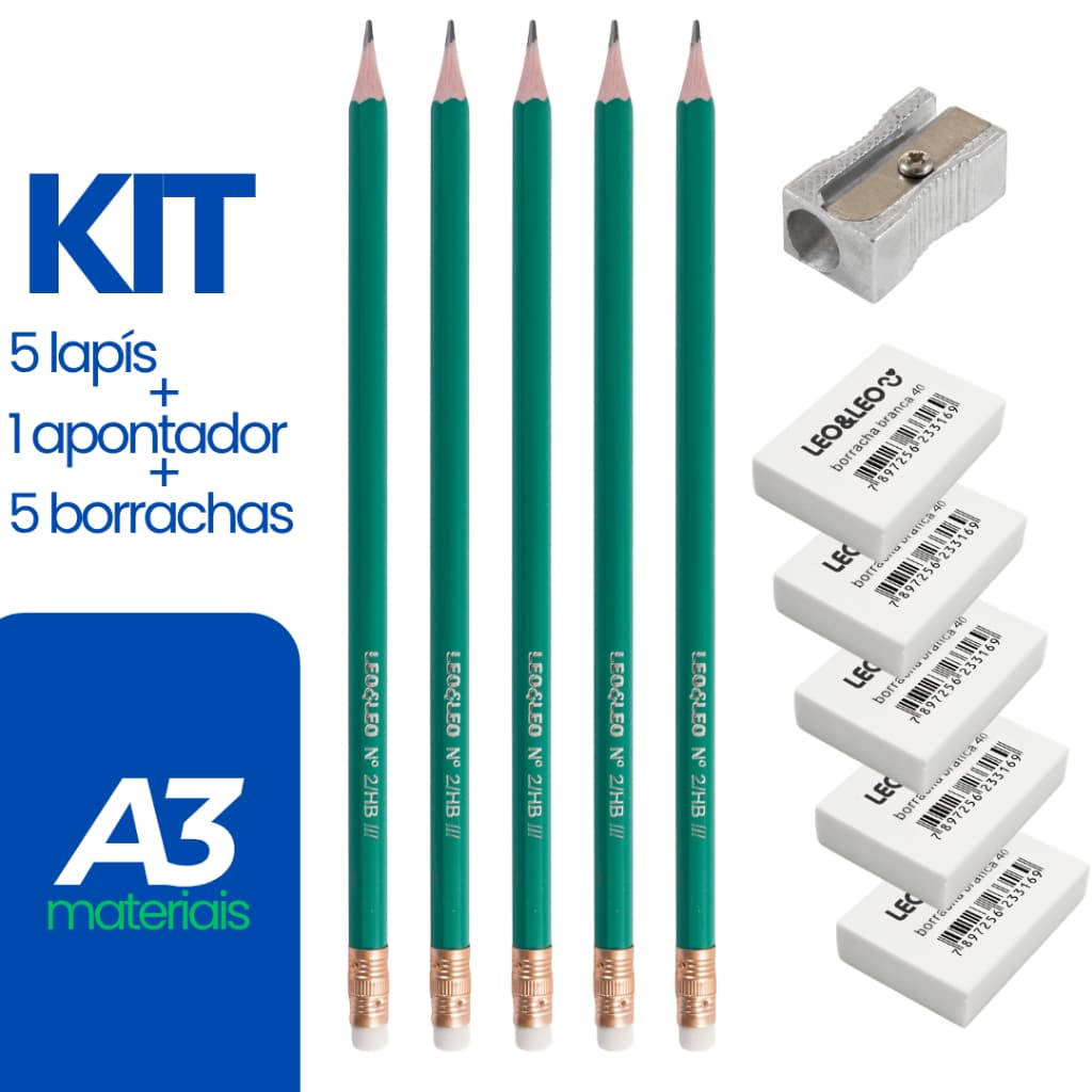 Kit C/ 11 Itens | 5 Lápis + 5 Borrachas + 1 Apontador Metálico
