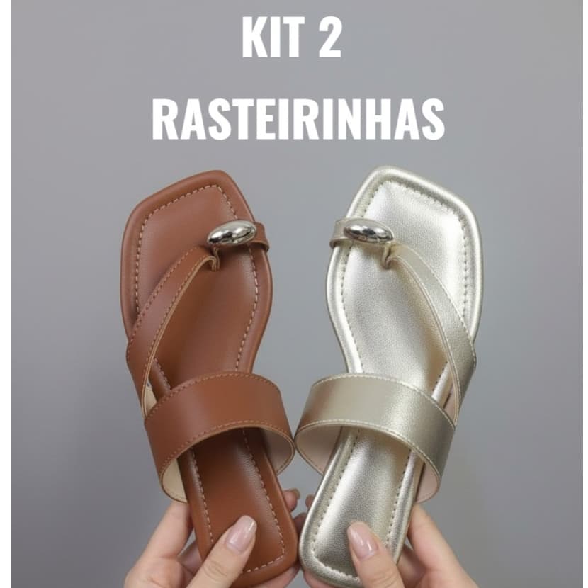Kit 2 Pares Sandália Rasteirinha Feminina Bico Quadrado Verão Metalizada Luxo 33 ao 42