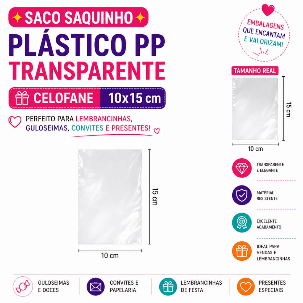 Saco Saquinho Plástico PP 10x15 Celofane Transparente para Lembrancinha Guloseimas Convites e Presente