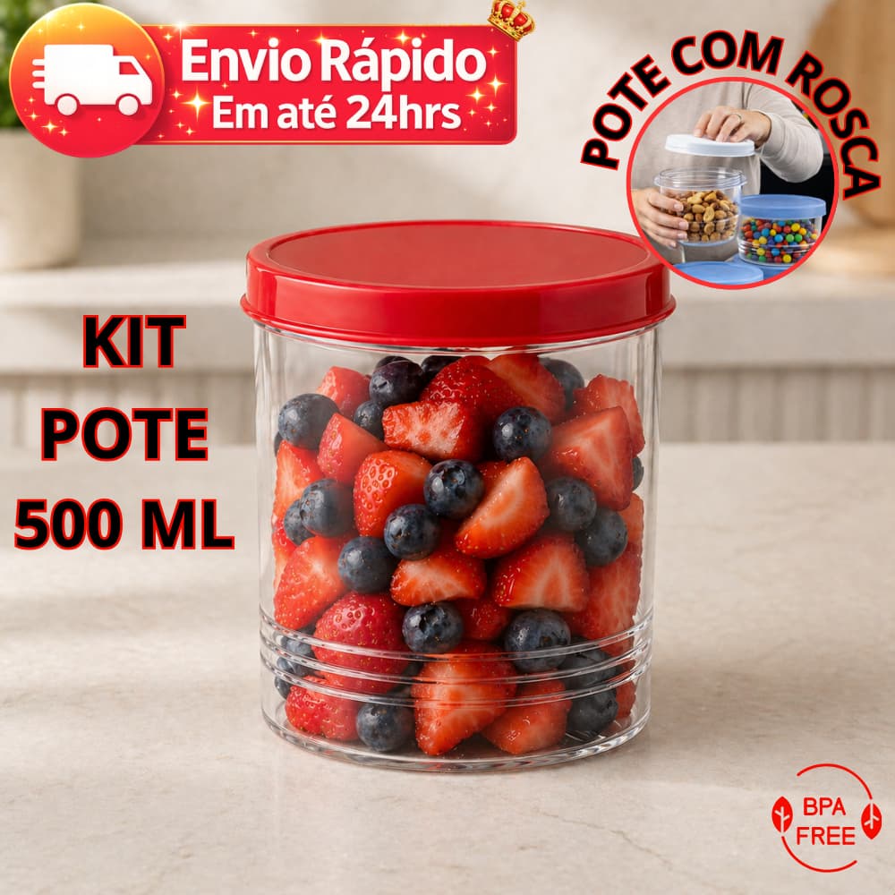 Jogo 24 Potinhos Redondo Com Rosca 500ML Transparente Vedação Perfeita Temperos e Parafusos