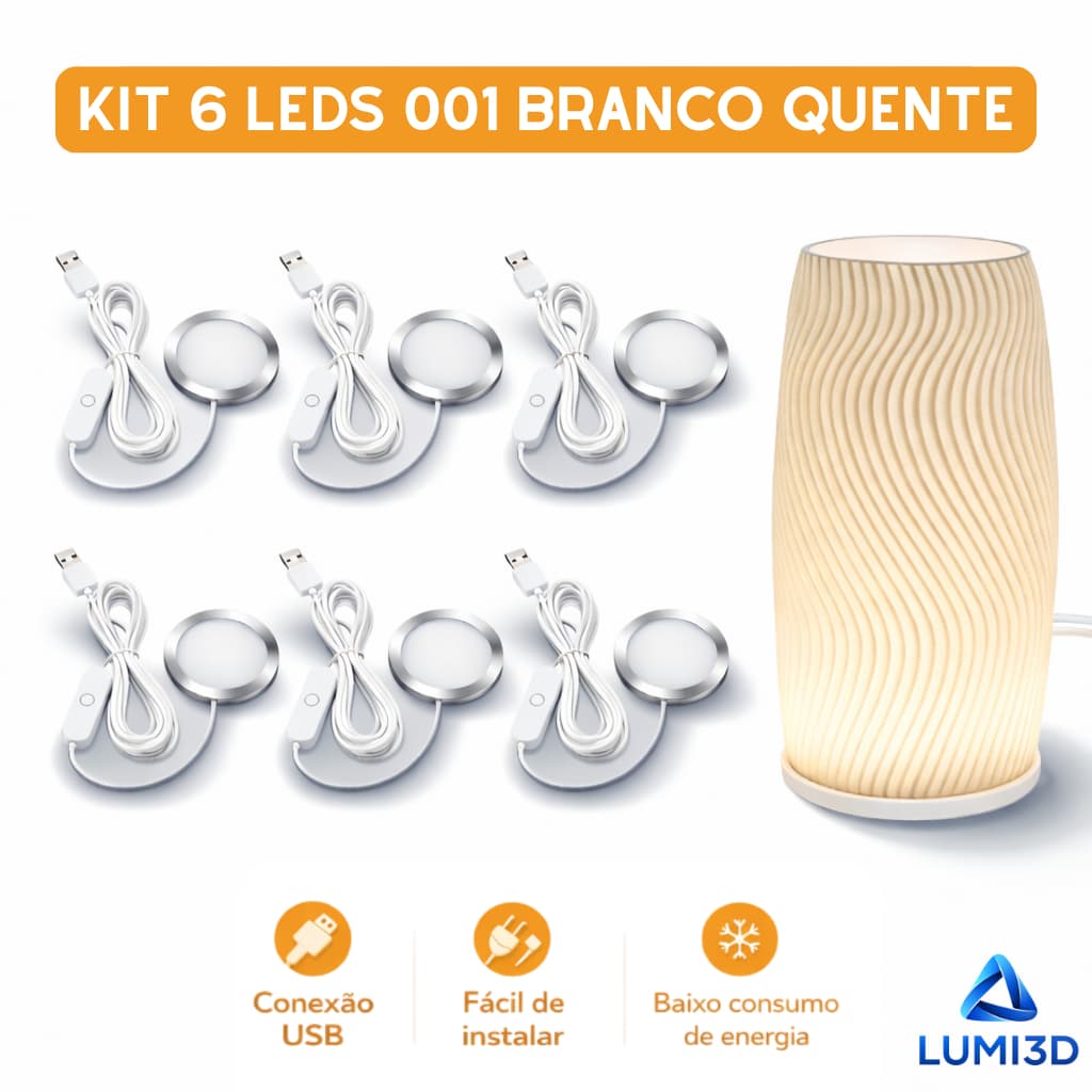 Kit 6x LED 001 Branco Quente USB 5V para Impressora 3D Bambu Lab Projeto DIY