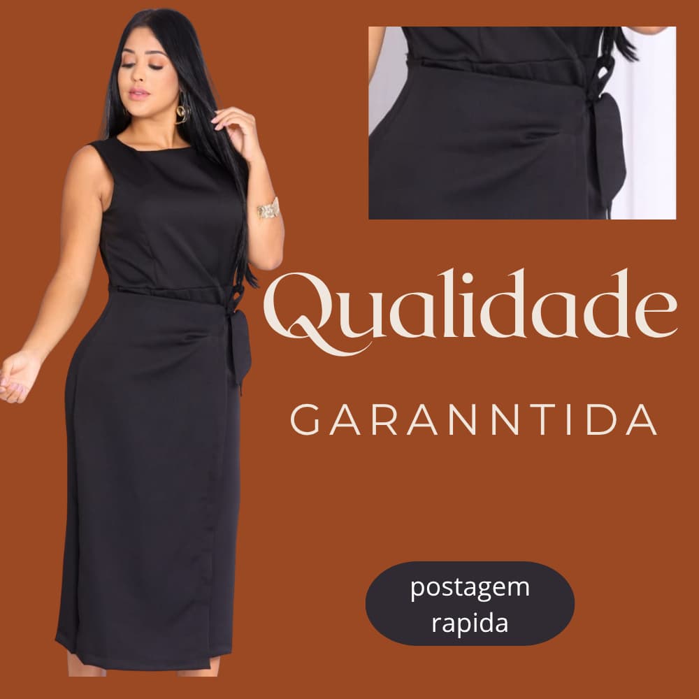 Vestido  Midi Alfaiataria Feminino Elegante com Amarração Lateral e Fenda Premium