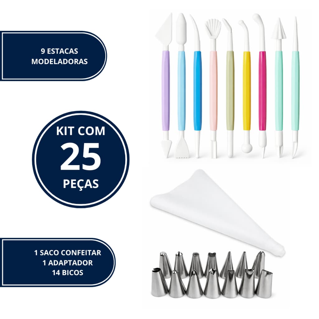Kit Confeiteiro Profissional 25 Peças com 14 Bicos de Inox e 1 Saco de Confeitar Universal Doces Bolos