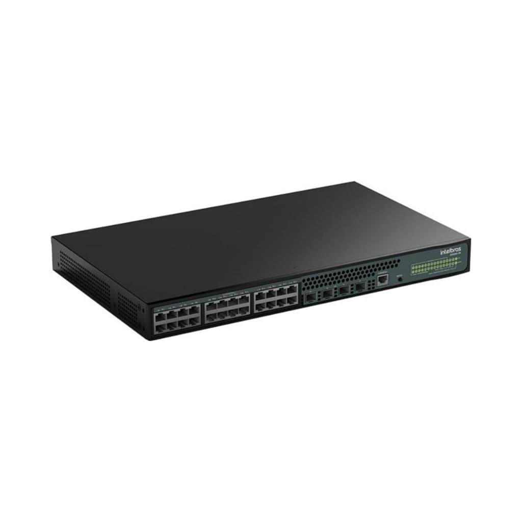 Switch 24 Portas 10/100/1000 Gigabit PoE+ Intelbras S2328G-PA 370W 4 SFP VLAN QoS SNMP DDR3 de 512MB