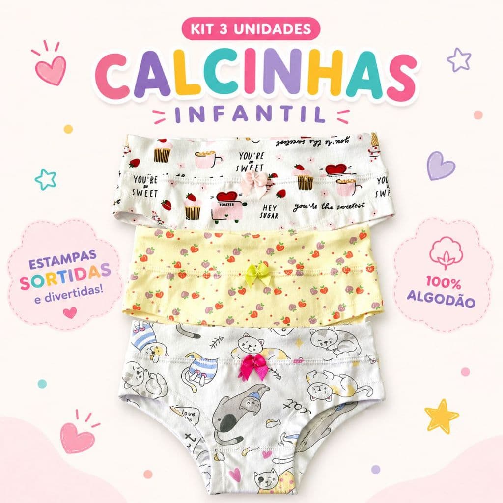Kit 3 Calcinhas Estampadas Em Cotton Infantil Menina Confortável 1133-K3