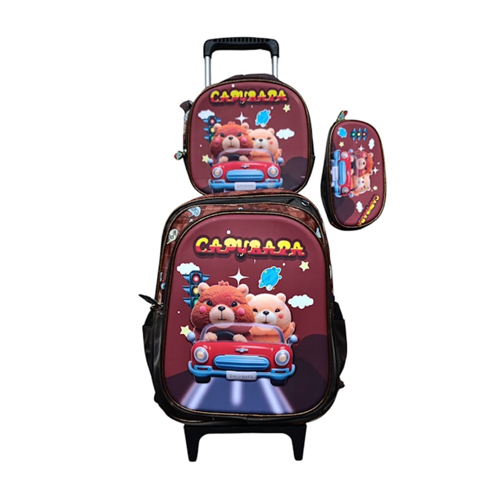 Kit Mochila Capybara Capivara com Rodinhas + Lancheira Térmica + Estojo Escolar Infantil em 3D