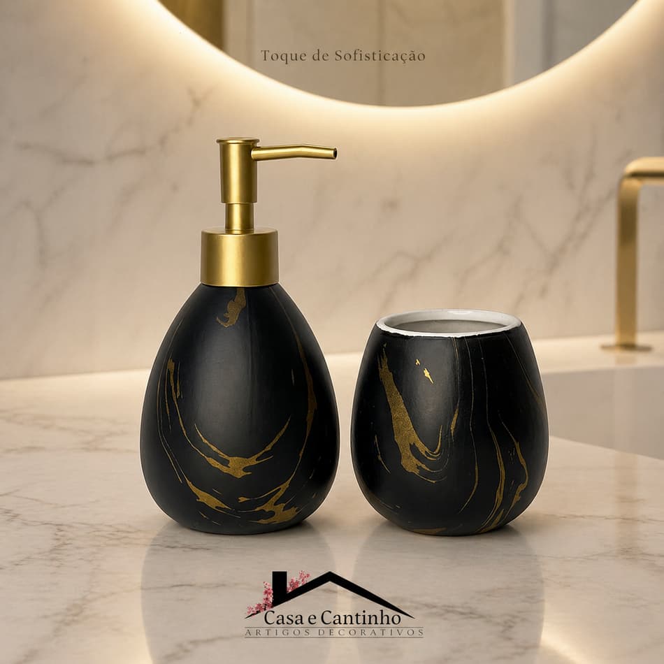 Kit 2 Peças Banheiro Lavabo Porta Sabonete Líquido Dispenser e Porta Escova de Dente Decoração