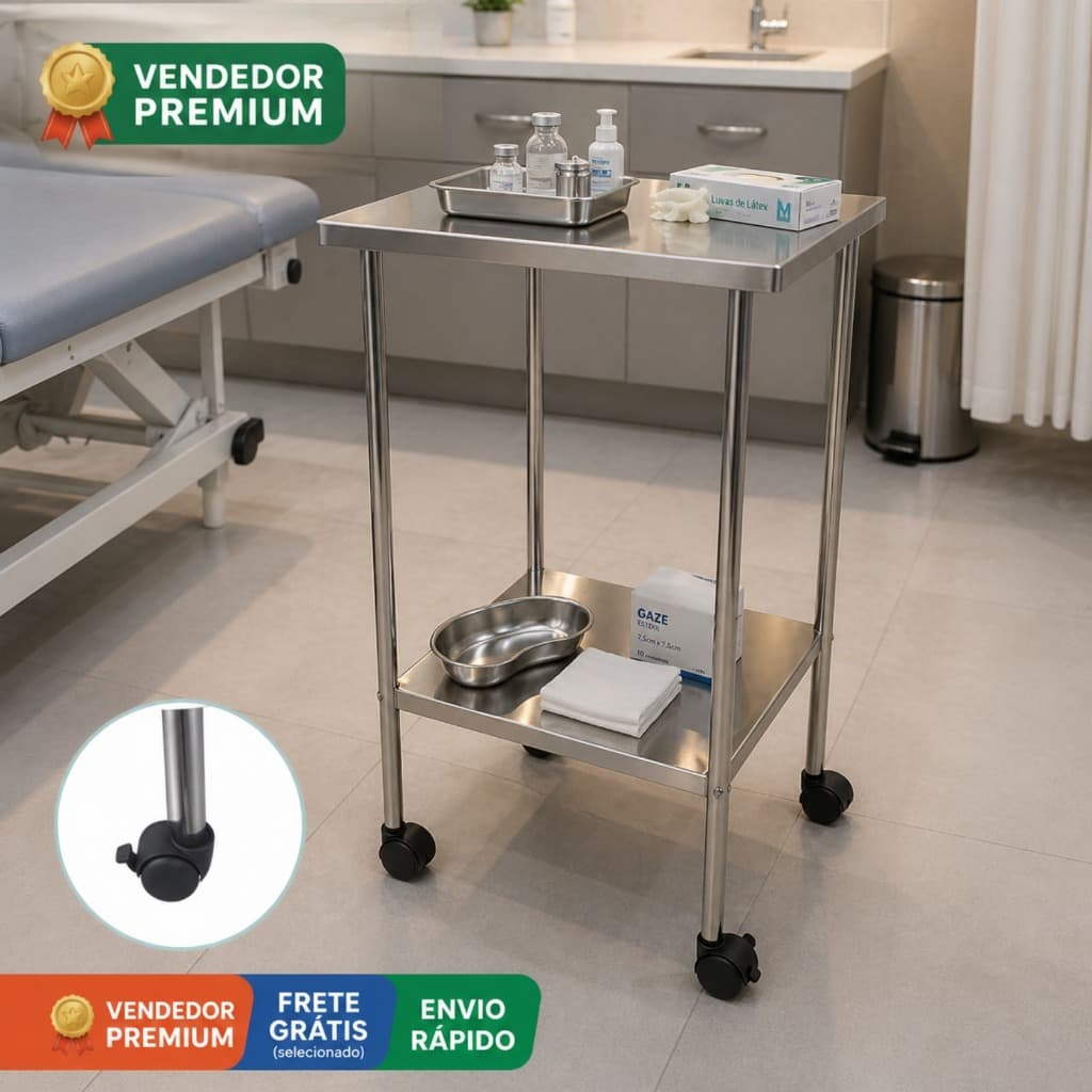 Carrinho Mesa Auxiliar Inox Rodizio 40x40x80 2 Prateleira Estética Organização Clínica Barbearia