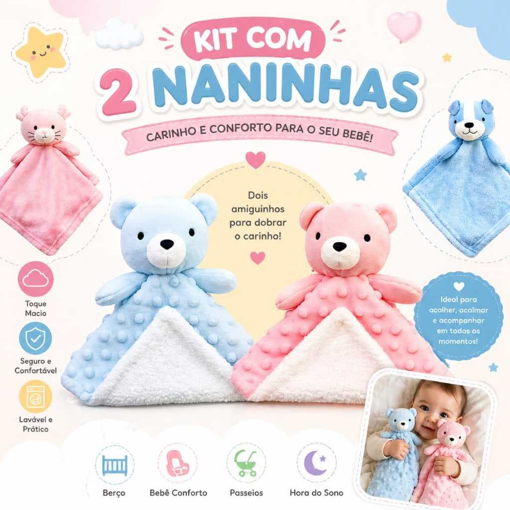 Kit Com 2 Naninhas Para Bebê Toque Suave Macio Bichinhos Naninha Para Bebê Pelucia  Ultra Macio