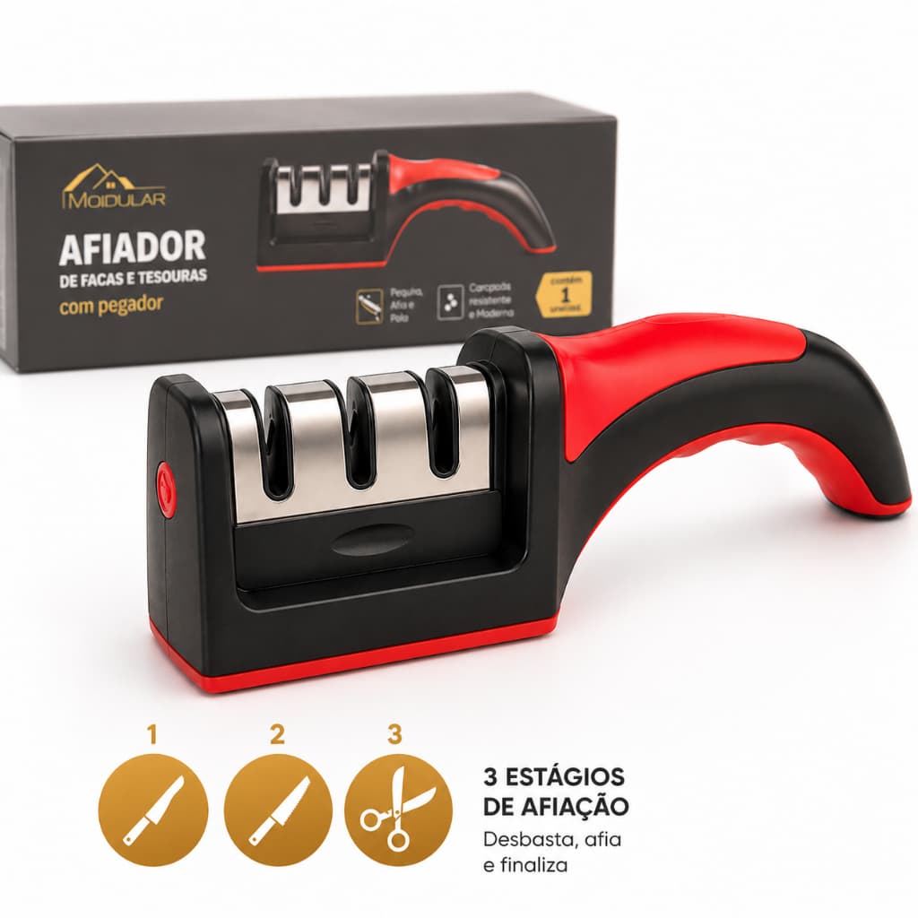 Amolador Afiador De Facas 21,5x5x6cm Em Aço Inox Profissional Com 3 Afiadores Profissional Para Facas E Tesouras