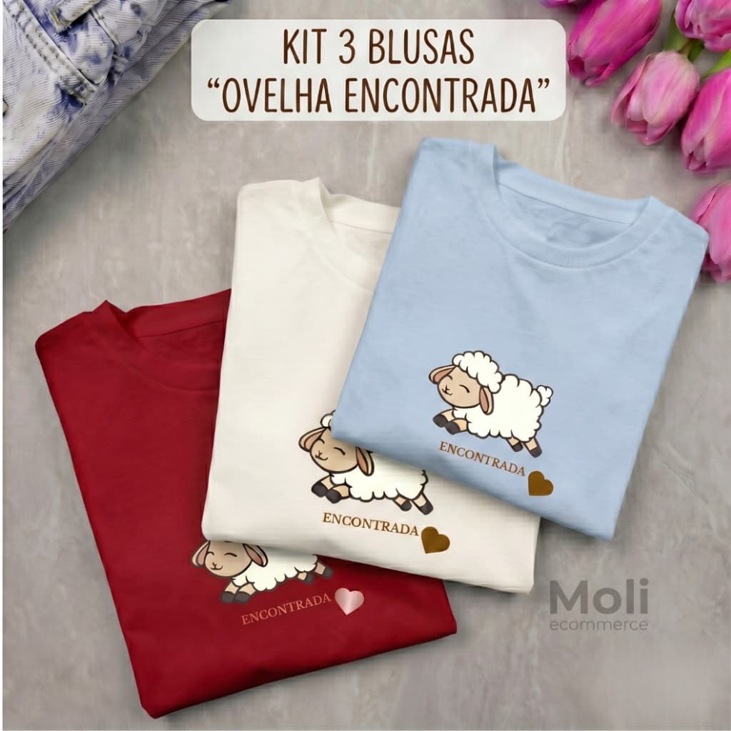 KIT 3 Blusa Evangélica Feminina Algodão Cristã Moda Básica Camiseta Ovelha Encontrada