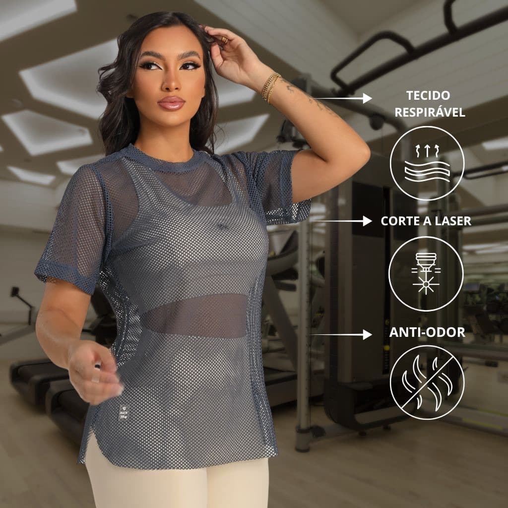 Camiseta Fitness Academia Feminino Arrastão Tela Poliamida