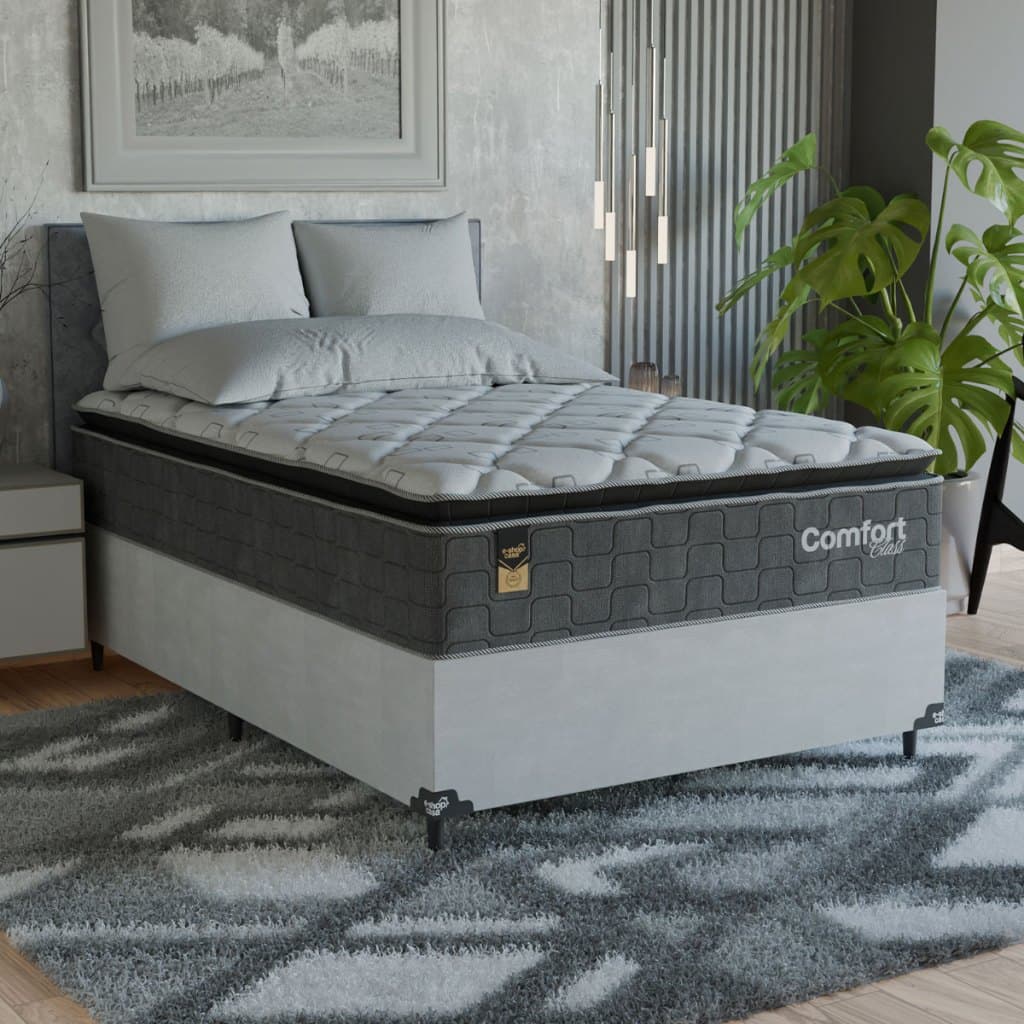 Cama Box Viúva + Colchão Comfort Class Pillow Top 128x188  Cinza/suede Branco
