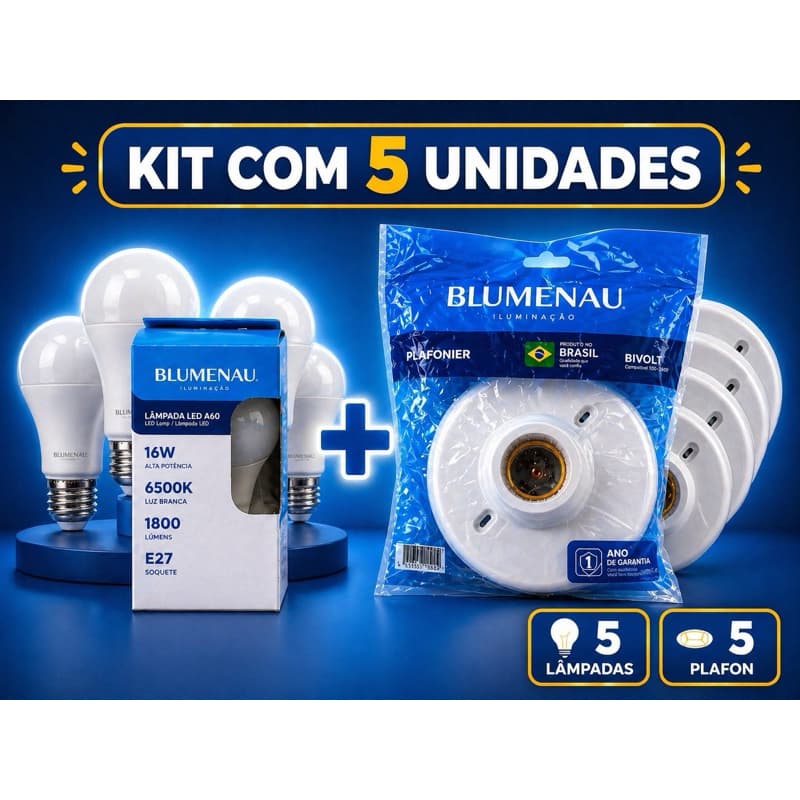 Kit 5 Lampadas LED 9W 6500K BLUMENAU + 5 Plafon Soquete Porcelana Bocal E27 Iluminação Branca Fria ou Branca Quente
