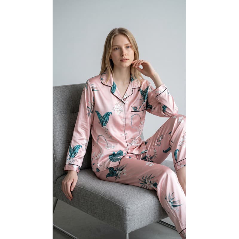 Pijama Americano Feminino Premium Toque de Seda Traje para Dormir Calça Manga Comprida
