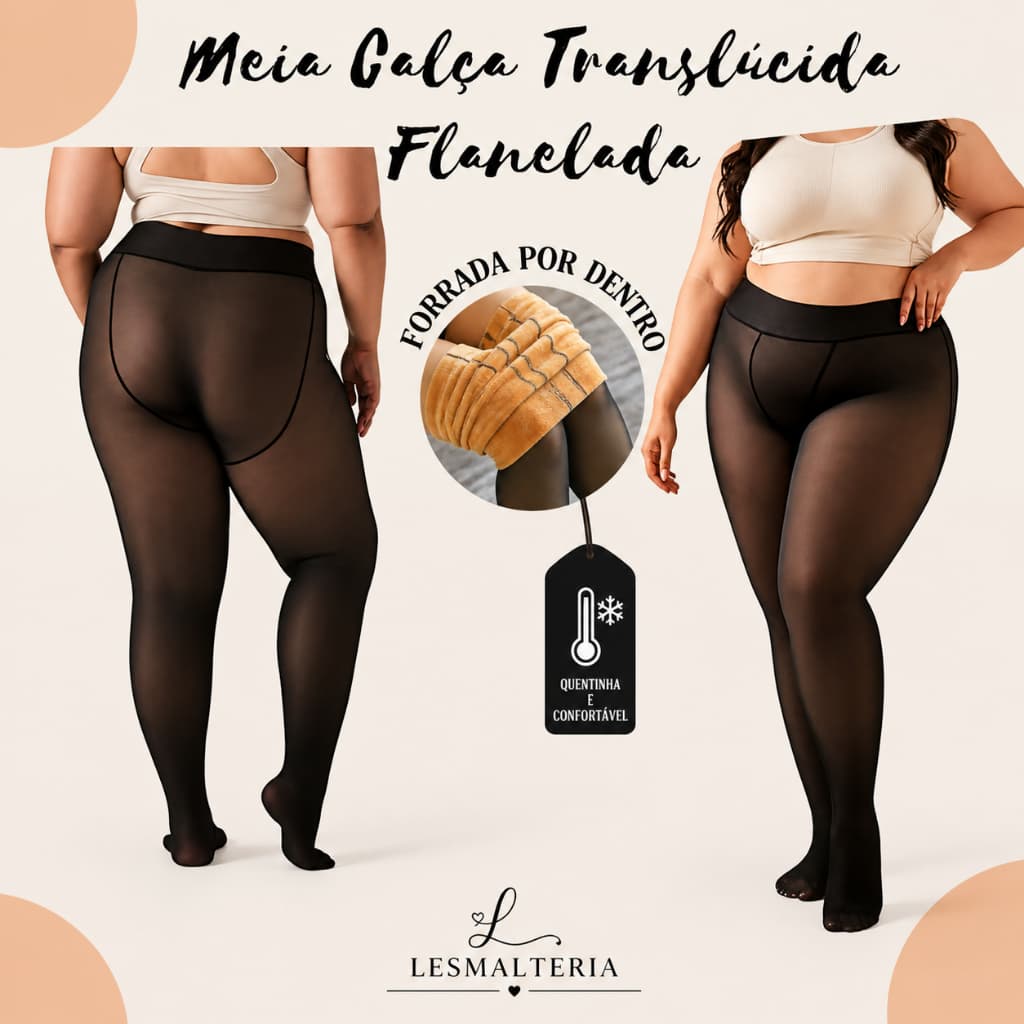 Meia Calça Translúcida Flanelada Inverno Peluciada Térmica Grossa Efeito Fio 15 Quentinha Feminina