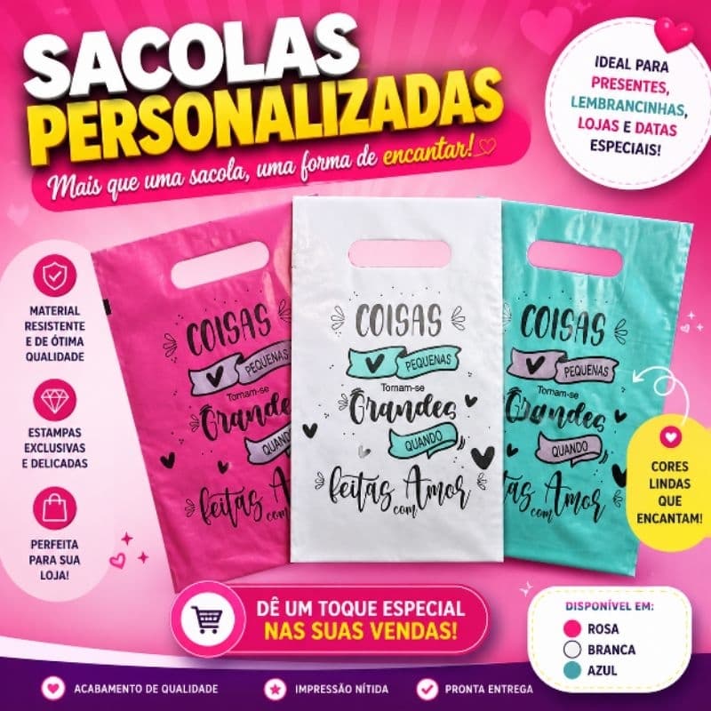 kit 100 sacolas boca de palhaço com frase feitas com amor várias cores e tamanhos.