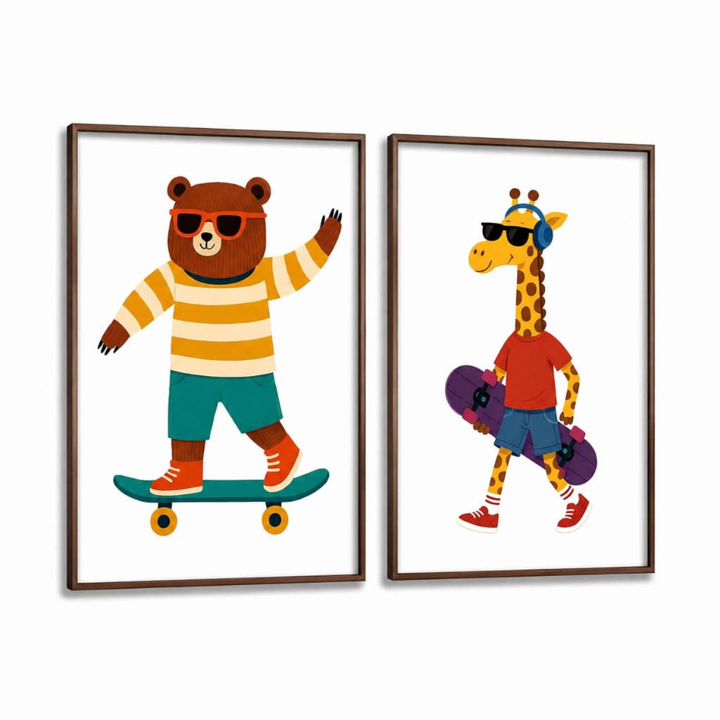 Kit 2 Quadros Decorativos Infantil | Quarto Bebê Menino | Skate, Skatista, Safari, Urso - No149