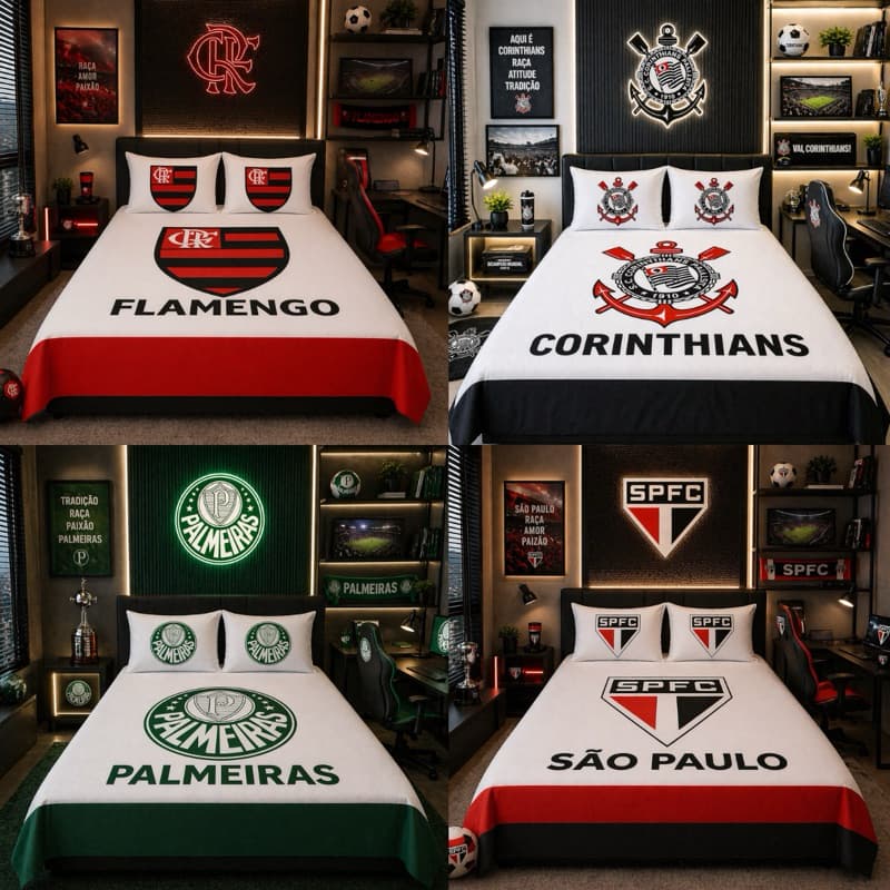 Lençol Casal Futebol 3 Peças Oxford Premium + 2 Fronhas | Estampado Times Torcedor Macio Promoção
