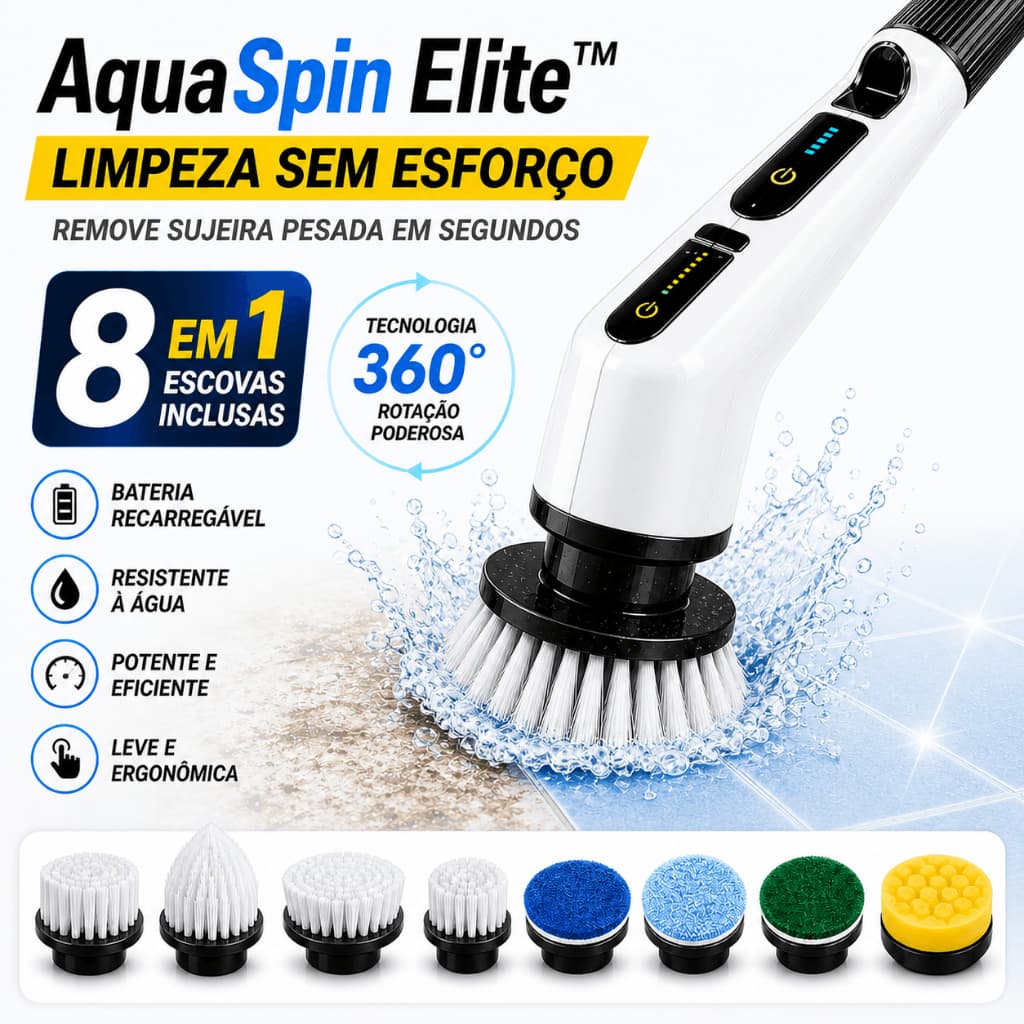 Escova Elétrica Rotativa 8 em 1 360° Cabo Extensível Bivolt Limpeza Sem Esforço Multiuso