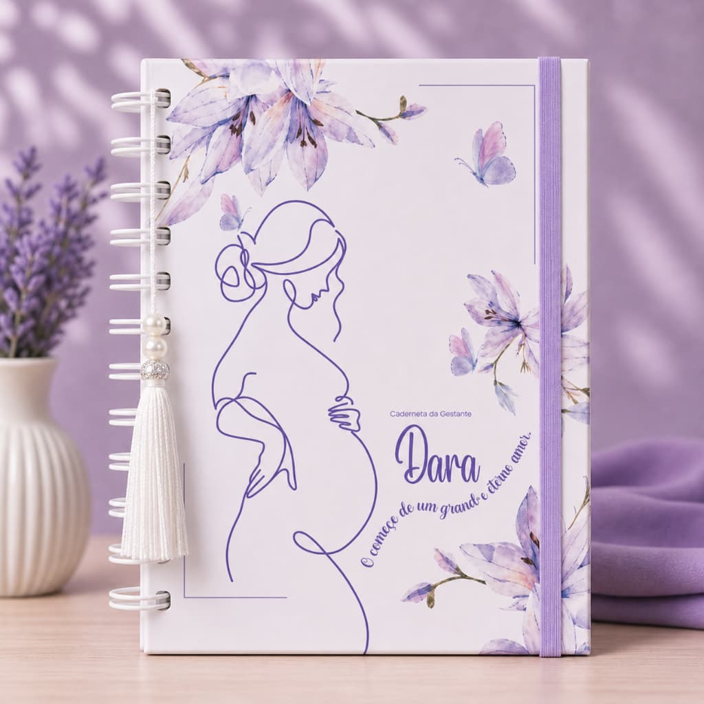 Caderneta da Gestante Personalizada – Caderneta Borboletas- Flores Lilás-Capa Dura-Atualizada do SUS-Presente