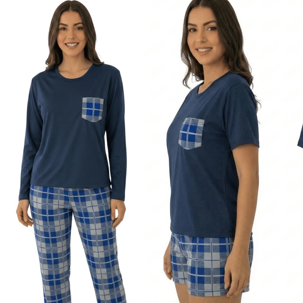 Pijama Feminino Curto Xadrez Conjunto Blusa Bolso Short Xadrez Malha Confortável Azul Preto