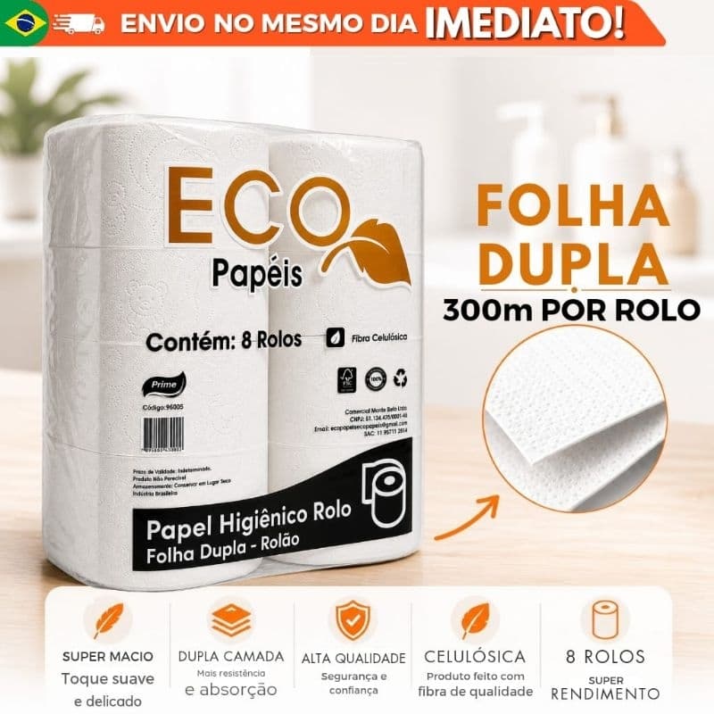 Papel Higiênico Rolão 8 Rolos 300m Folha Dupla Alta Absorção Econômico Grande Rendimento