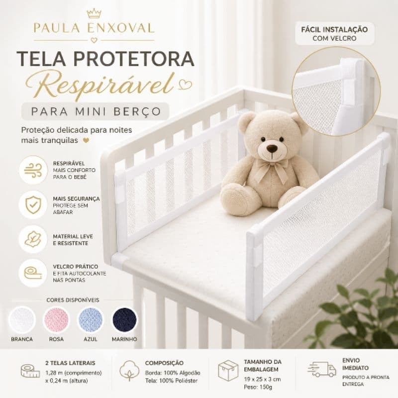 Tela Protetora Respirável para Mini Berço 2 Laterais 1,28m x 24cm com Velcro | Segurança para Bebê