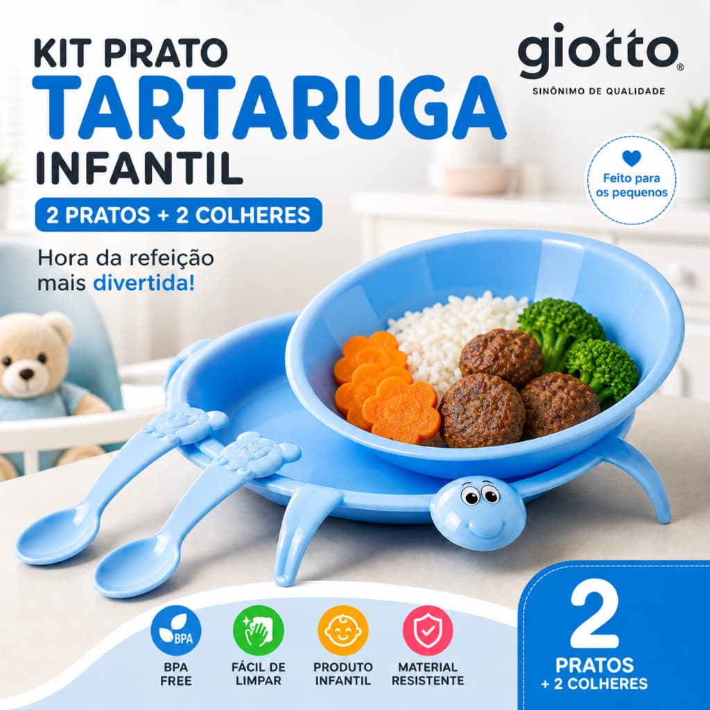 Kit 2 Prato Tartaruga com 2 colheres Azul infantil utensílios recipiente de comida do bebe Giotto