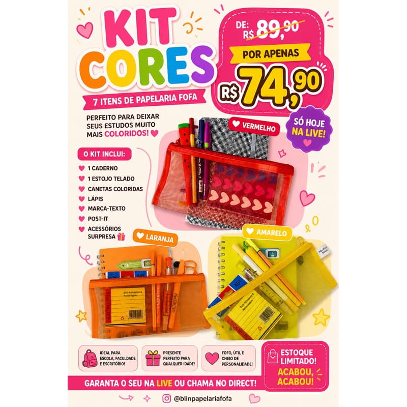 🚨🌈 PROMOÇÃO IMPERDÍVEL 🌈🚨 KIT CORES COM 7 ITENS DE PAPELARIA FOFA 💖