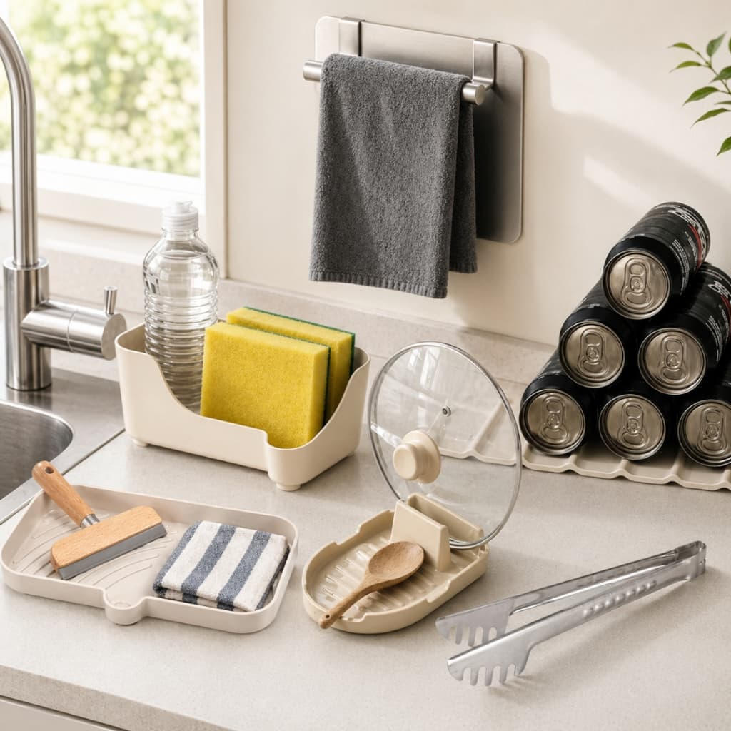 Kit Organizador De Pia Cozinha Porta Detergente Esponja Pano Com Base Descanso de Tampas e Talheres