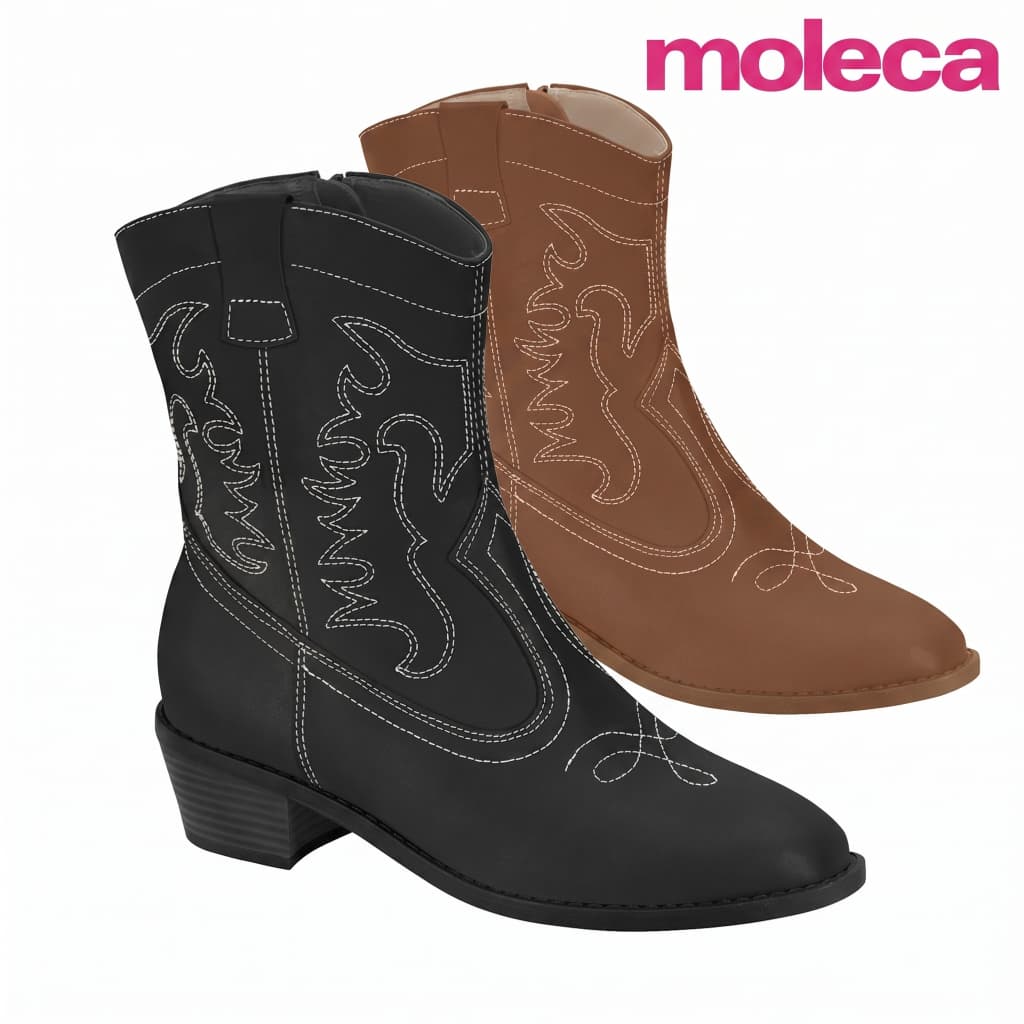Bota Feminina Moleca Cowboy Casual Cano Curto Salto Baixo Confortável Original Lançamento
