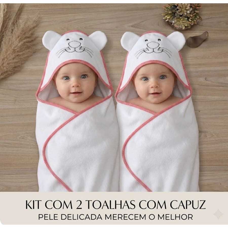 Kit com 2 Toalhas de Banho Bebe Bordada com Capuz Forrado em Tecido Fralda 100% Algodão Bebe