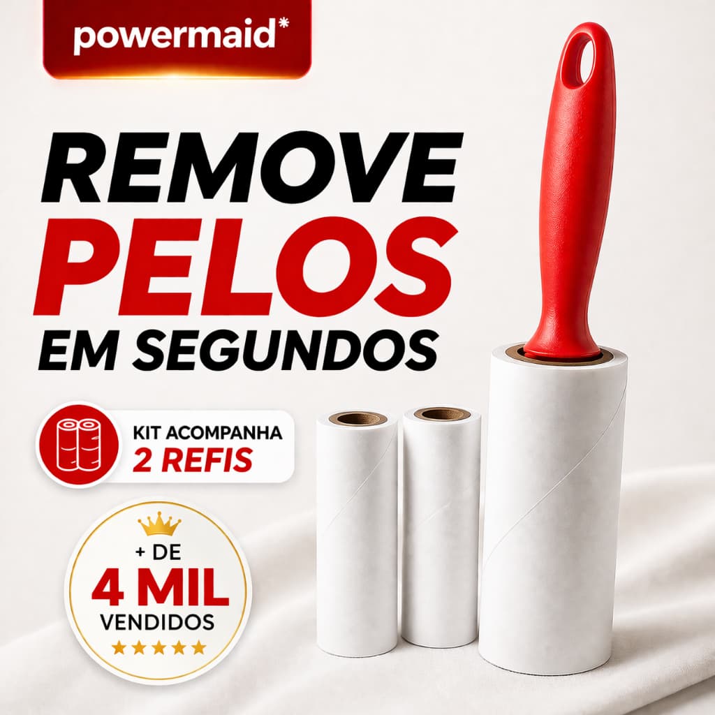 Rolo Tira Pelos Powermaid + 2 Refis | Remove Pelos de Pet, Poeira e Fiapos | Kit 3 Peças 90 Folhas